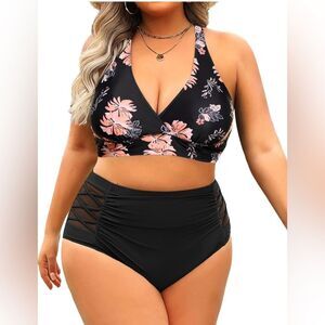 Younique Black Floral Bikini with Plunging Halter High-Waisted Bottom 14W NWT